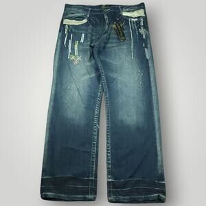 Akademiks Jeans Mens 42 Vtg Relaxed Y2K Wide Leg Distressed Flap Pocket Stacked